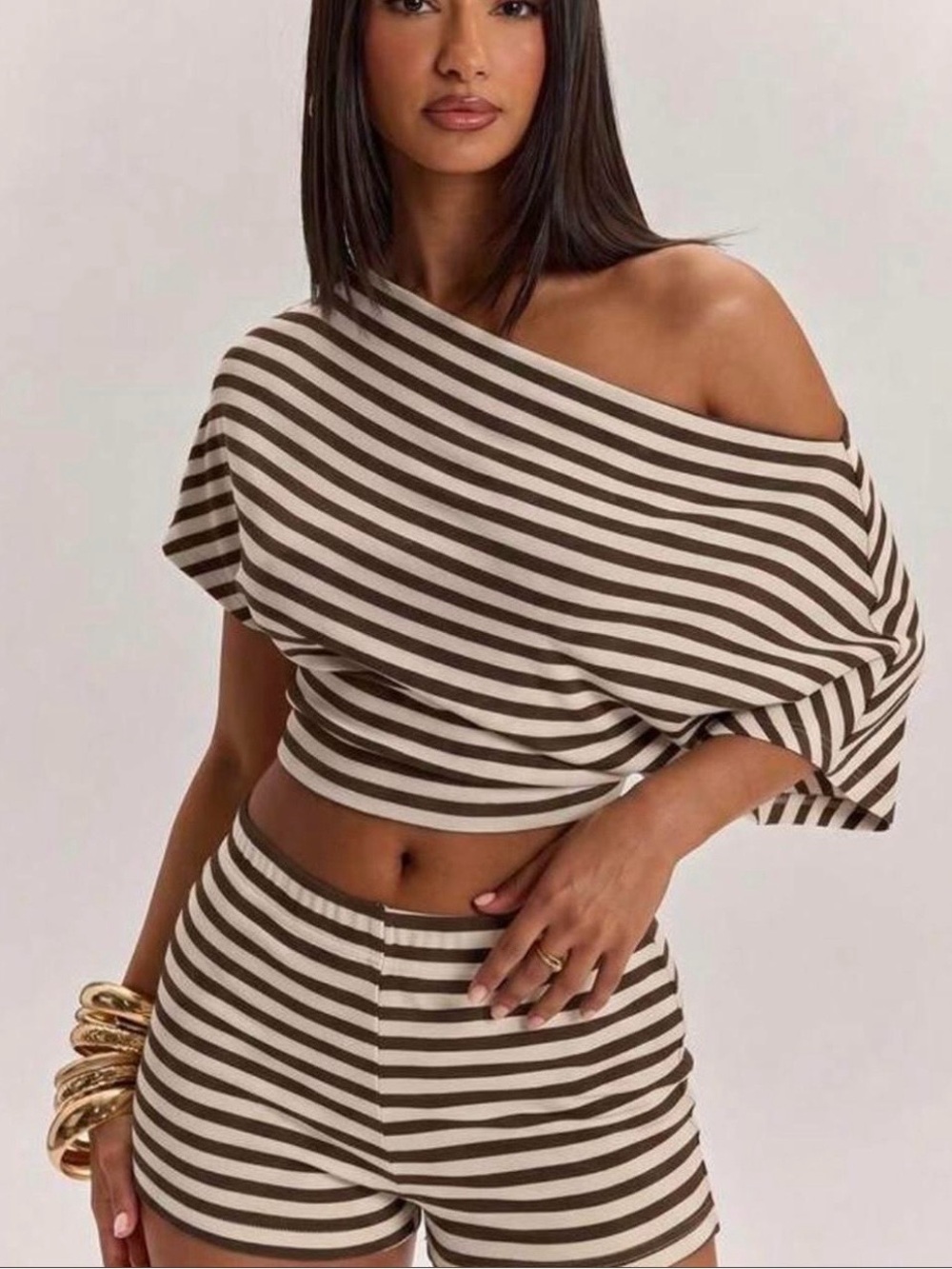 PrettyLittleThing Brown & Cream Striped One-Shoulder Crop Top